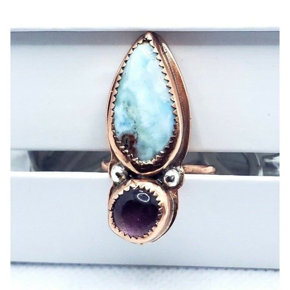 Amethyst and Larmiar Crystal Statement Ring Handmade Copper Jewelry Boho - Picture 11 of 12